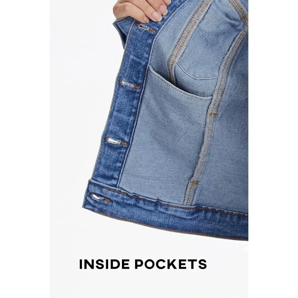 andy & natalie Women's Jean Jacket Stretch Cropped Button Down Denim Jackets